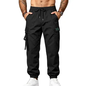 Mens black cargo pants casual tactical trousers multi-pocket athletic streetwear cuffed joggers