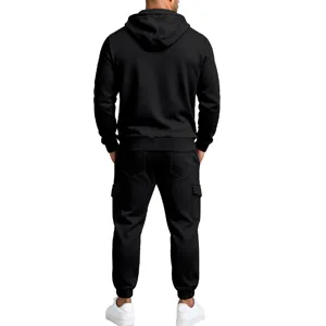 Men's black fleece-lined hooded sweatshirt and cargo sweatpants set, rear view detail shot.