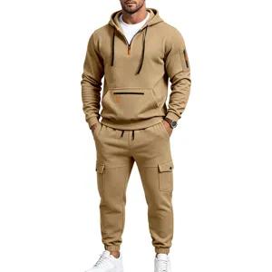 Men khaki half-zip fleece hoodie cargo jogger set casual sportswear outfit detail view
