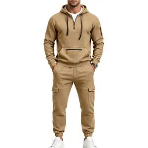 Men's khaki fleece-lined hooded sweatshirt and cargo sweatpants casual tracksuit outfit.