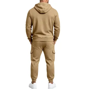 Detail view of men thermal fleece hooded sweatshirt and cargo jogger pants set in khaki color.