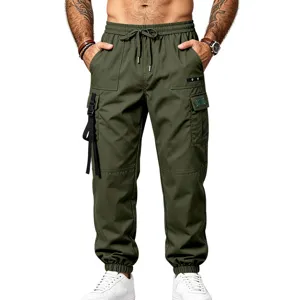 Men olive green cargo pants tactical jogger trousers casual sports multi pockets