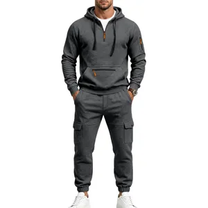 Men's dark grey half-zip hooded sweatshirt with cargo joggers, detailed zipper pockets and ribbed cuffs.