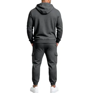 Close-up of the back view showing the hood, pocket details, and elastic cuffs of the tracksuit.