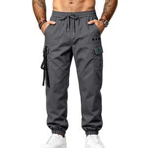 Mens gray tactical cargo sweatpants casual outdoor hiking loose joggers with multi pockets.