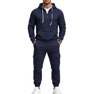 Men's navy blue tactical hoodie tracksuit casual sportswear set with cargo pants.