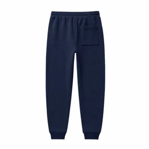 Achterkant detailweergave van donkerblauwe casual sport joggingsbroek voor heren.