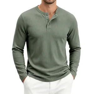 Herren Langarm Henley Shirt Freizeit Rippstrick Pullover Oberteil fuer Herbst Alltag