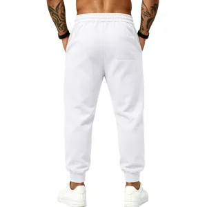 Detailed view of men's white fleece sweatpants showing back pocket and comfortable elastic cuff.