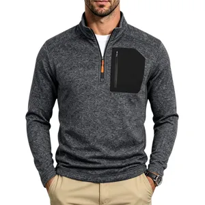 Herren dunkelgrau melierter Viertel-Zip Fleece-Pullover Sweatshirt mit Kontrast-Brusttasche.