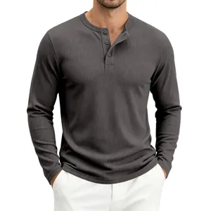 Herren langarm Freizeit Henley Shirt in Dunkelgrau, vielseitiges Vintage Basic Oberteil Herbst.