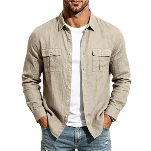Camisa Casual de Hombre Kaki en Lino Manga Larga, Elegante Top Utility con Botones.