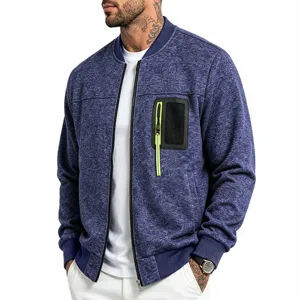 Men's US size knit bomber jacket with contrast zipper pocket, casual autumn winter outerwear.