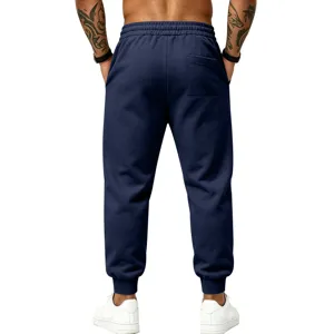 Men's winter fleece-lined sweatpants casual warm loose jogger pants with pockets dark blue