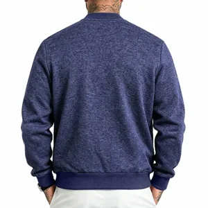 Men's blue knit bomber jacket detail view, comfortable stylish autumn casual outerwear piece.