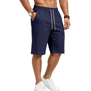 Men's casual linen-like slub shorts, breathable summer 3/4 pants with elastic drawstring waist.
