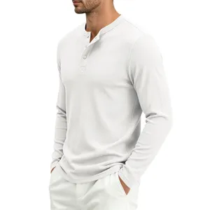 Men's casual long sleeve ribbed Henley shirt, solid color comfortable basic top for men.