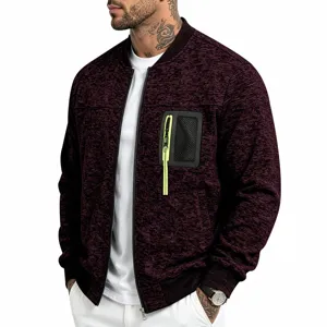 Detailed view of men's knit baseball collar jacket with contrast neon zipper pocket.