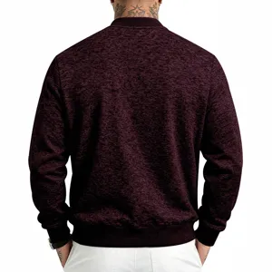 Men's knit bomber jacket with baseball collar, heather burgundy color, cozy autumn winter outer.