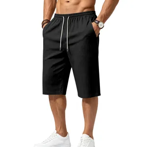 Men's casual linen texture knit cropped shorts with elastic drawstring waist for summer daily wear.