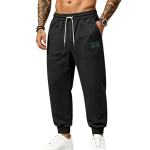 Men's black fleece-lined sweatpants winter warm thick casual joggers with white drawstring