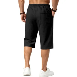 Men's casual linen-feel texture 3/4 length shorts back detail view breathable summer wear