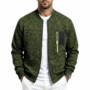 Men's knit bomber jacket detail showing zip chest pocket and ribbed collar for autumn style.