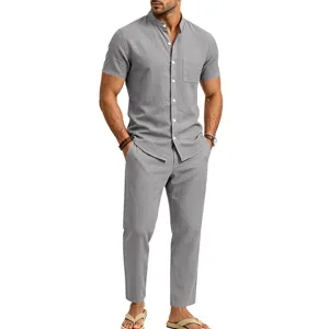 Detailed view of the casual linen shirt and matching trousers set for men daily wear.