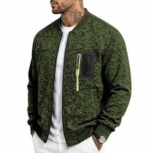 Close-up of men's knitted bomber jacket with zipper pocket and neon yellow pull detail.