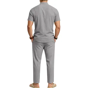 Back view detail of the men's casual linen short sleeve shirt and trousers matching set.