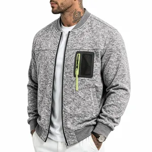 Men's knitted bomber jacket detail showcasing zipper pocket and baseball collar design.