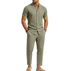 Men linen henley shirt casual trousers set two piece summer green outfit breathable