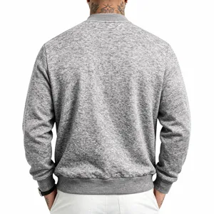 Men grey knit bomber jacket detail back view, comfortable autumn winter casual daily outerwear.