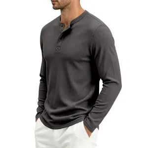 Men's dark grey long sleeve waffle knit Henley shirt casual cotton daily wear pullover