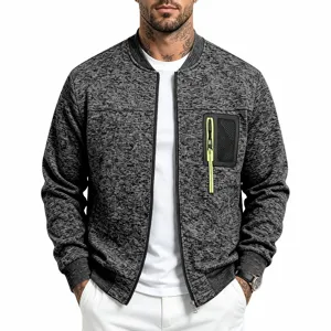 Men's knit bomber jacket featuring grey marl fabric, neon green chest pocket and ribbed trim.