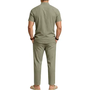 Back detail view of men casual linen short sleeve shirt and long pants set in light green.