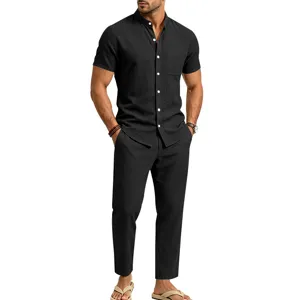 Men's black linen henley shirt and matching casual straight pants two-piece set details.