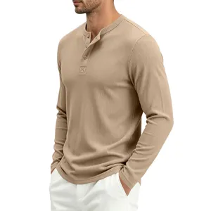 Men's Long Sleeve Waffle Knit Henley Shirt Casual Solid Color Top for Daily Wear