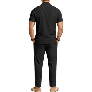 Men casual linen short sleeve shirt and straight long pants two piece set black summer outfit