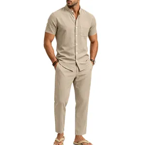 Mens casual linen two-piece set detail view featuring short sleeve henley shirt and pants.