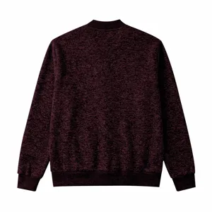 Men's burgundy knit bomber jacket, cozy autumn winter apparel with ribbed hem and collar.