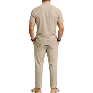Casual men linen short sleeve shirt and straight trousers two piece set back view