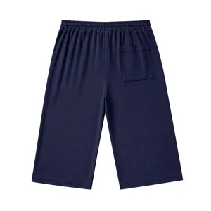 Men's navy blue textured 7-point casual shorts with elastic waist and back pocket.