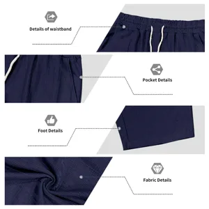 Men's casual textured knit shorts detail showing waistband, pocket, hem and fabric texture.