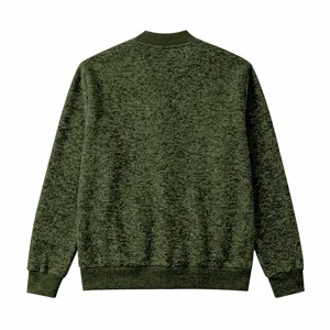 Back detail view of dark green knitted bomber jacket showing ribbed collar and hem.