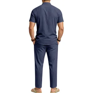 Back view detail of mens casual linen short sleeve shirt and trousers two piece set outfit.