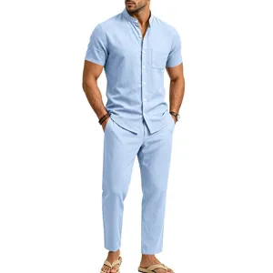 Light blue linen henley shirt and pants set detail view, casual summer menswear outfit.