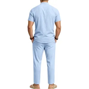 Light blue linen short sleeve shirt and trousers two piece set back view detail showcase.