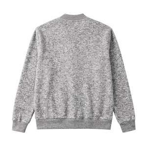 Detailed view of the back of mens grey knit bomber jacket, showcasing the fine heather texture.