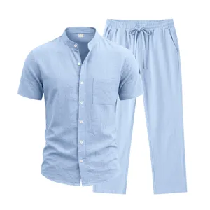 Men light blue linen two piece set short sleeve mandarin collar shirt and drawstring trousers.